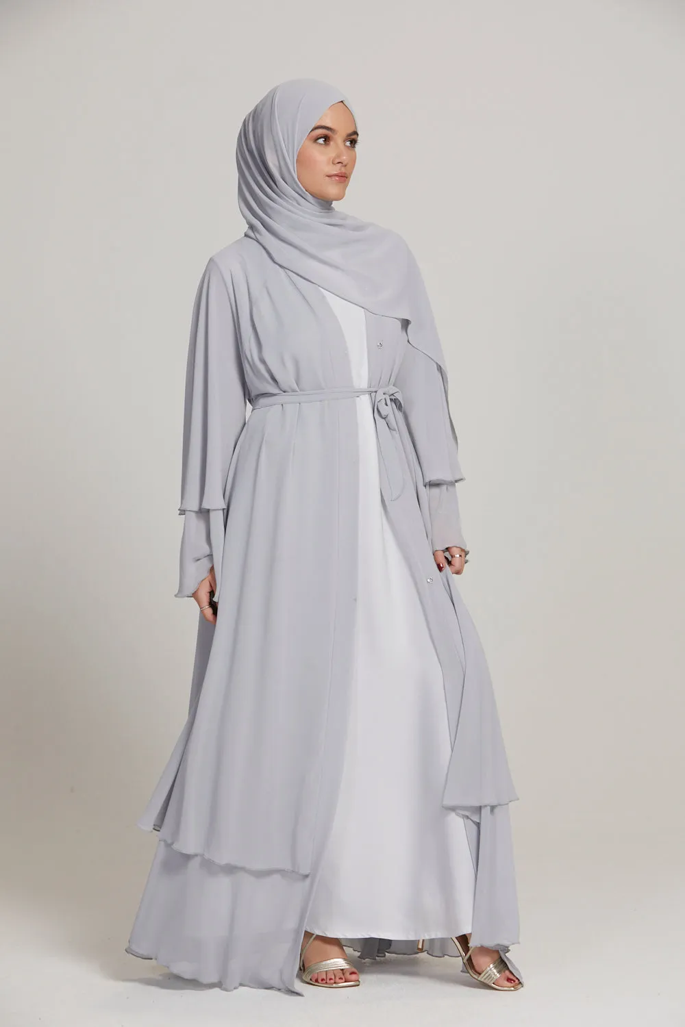 Chiffon Layered Open Abaya - Silver Grey