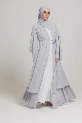 Chiffon Layered Open Abaya - Silver Grey