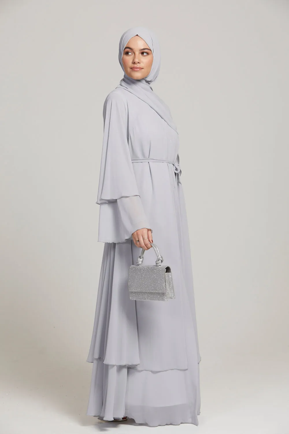 Chiffon Layered Open Abaya - Silver Grey