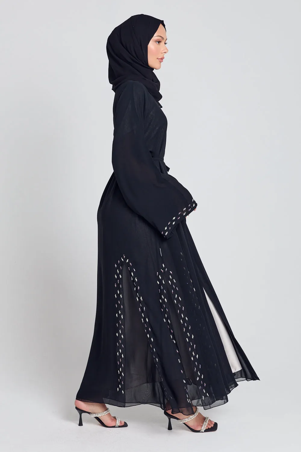 Chiffon Open Abaya with Dainty Embellished Panels - Black