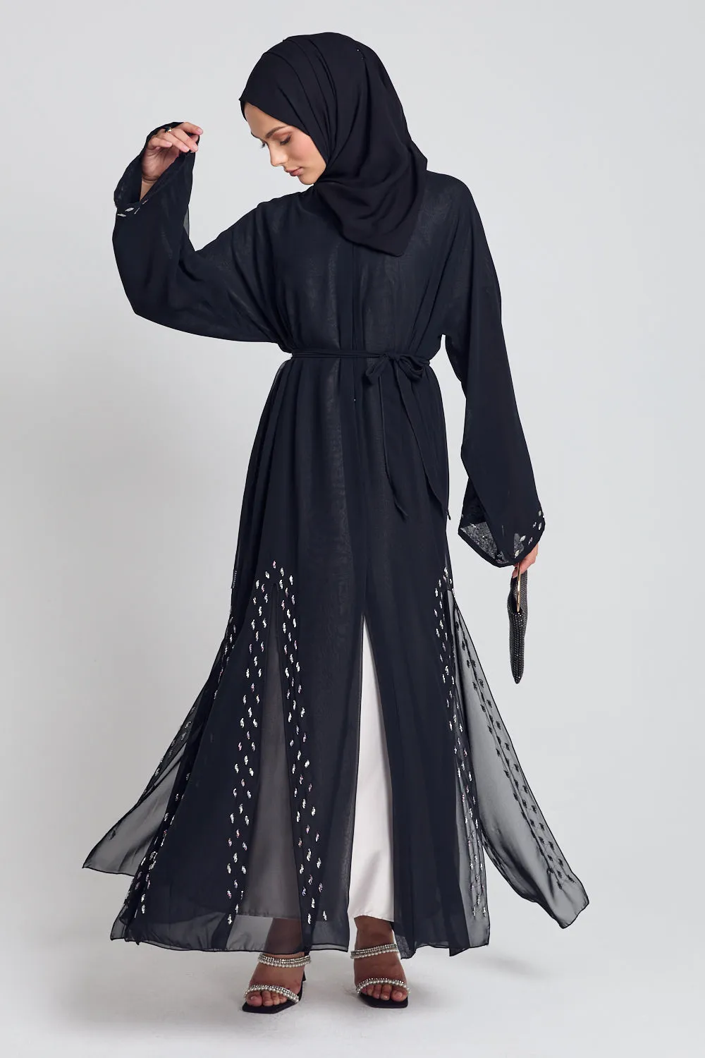 Chiffon Open Abaya with Dainty Embellished Panels - Black