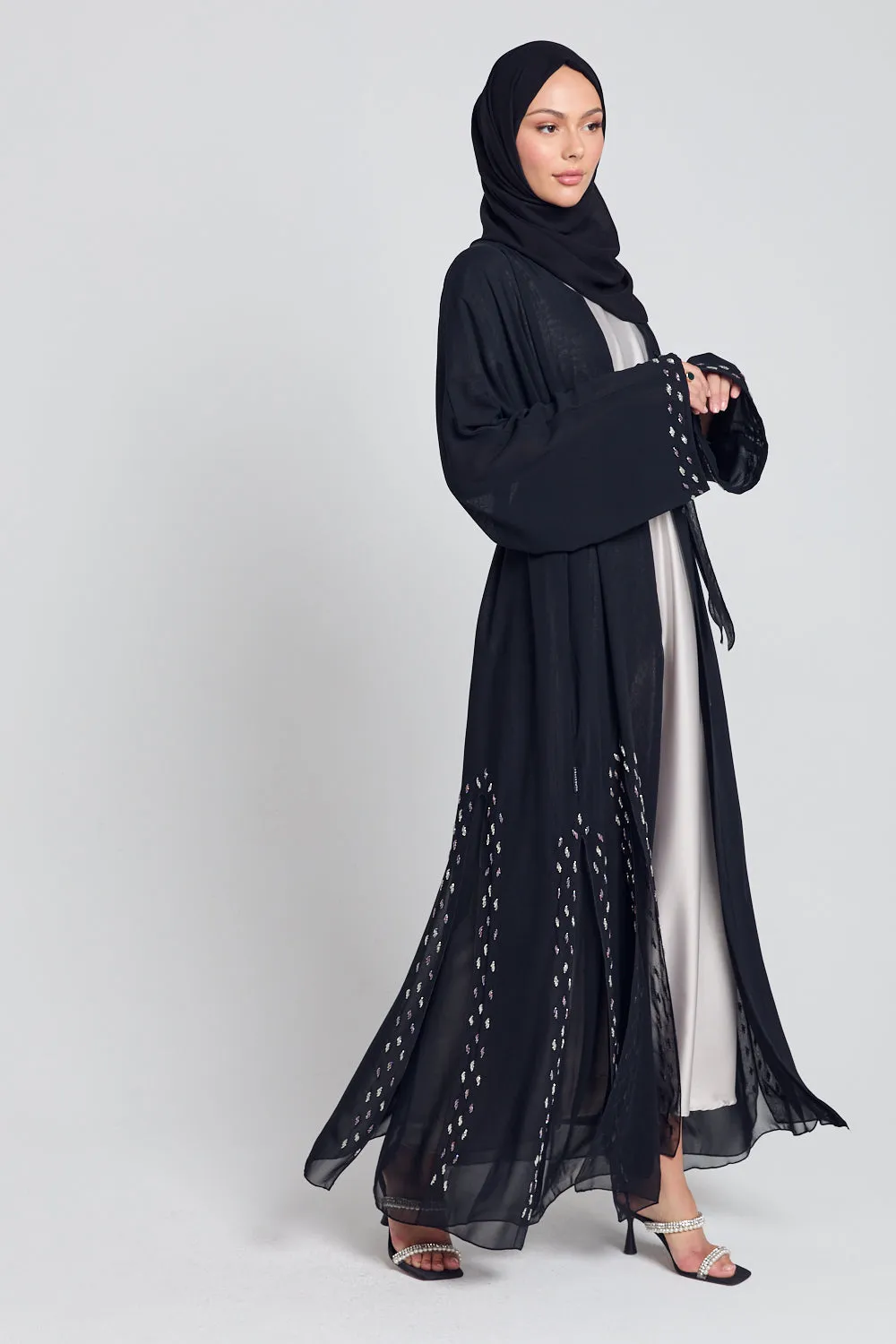 Chiffon Open Abaya with Dainty Embellished Panels - Black