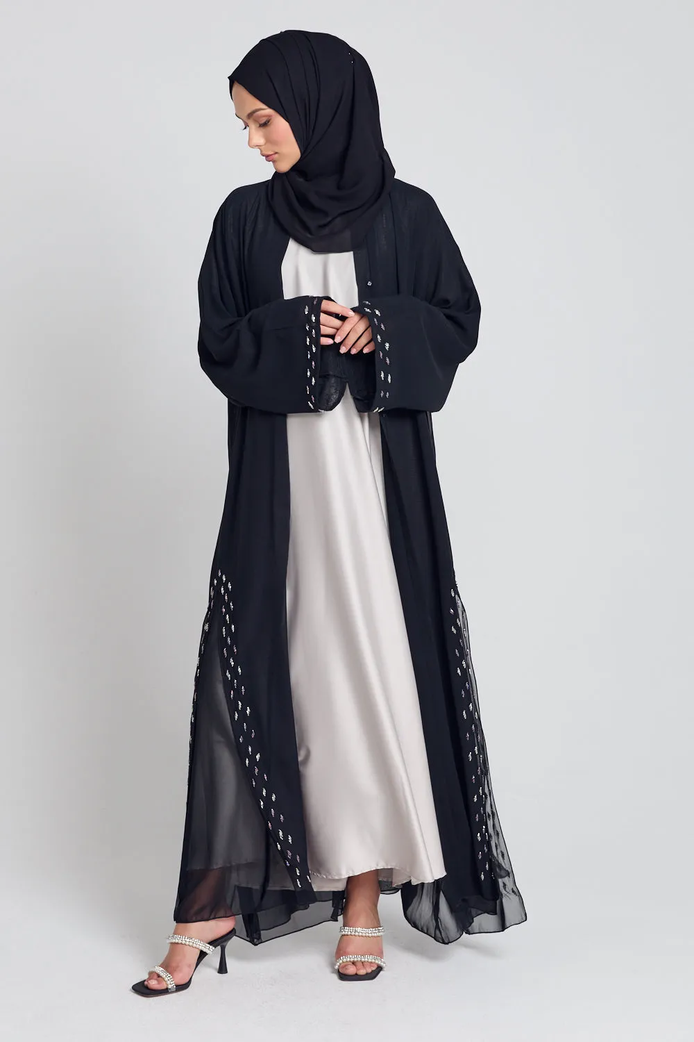 Chiffon Open Abaya with Dainty Embellished Panels - Black