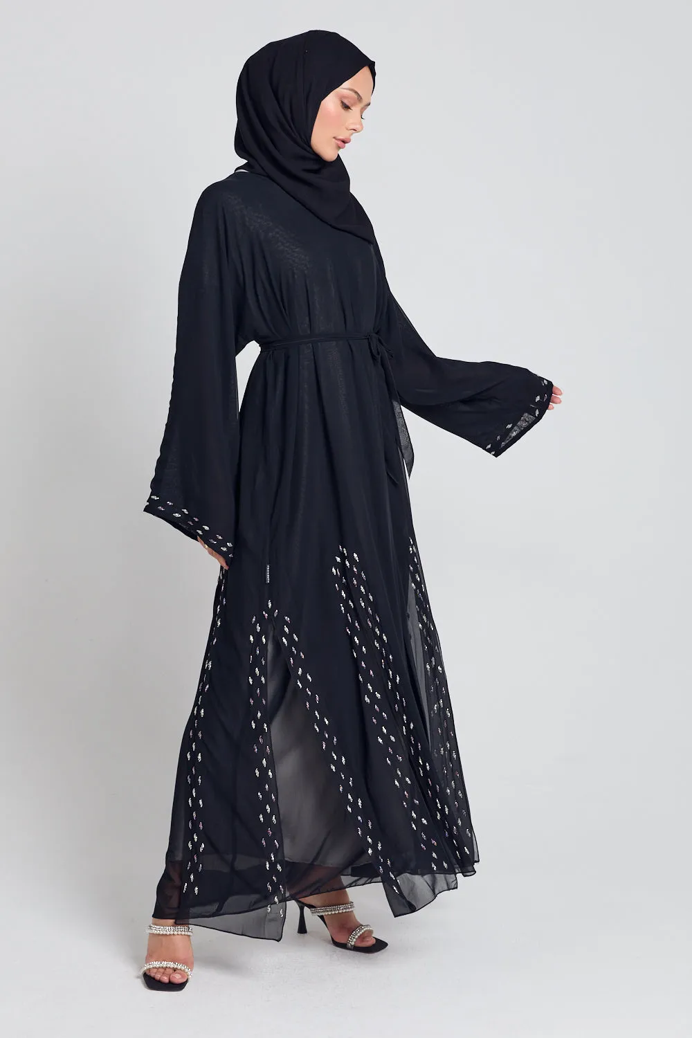 Chiffon Open Abaya with Dainty Embellished Panels - Black