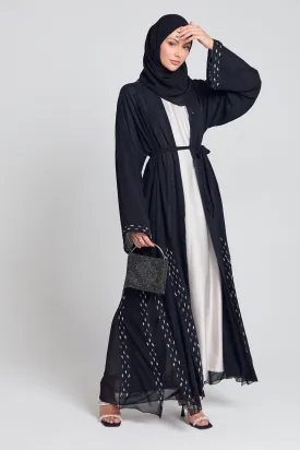 Chiffon Open Abaya with Dainty Embellished Panels - Black