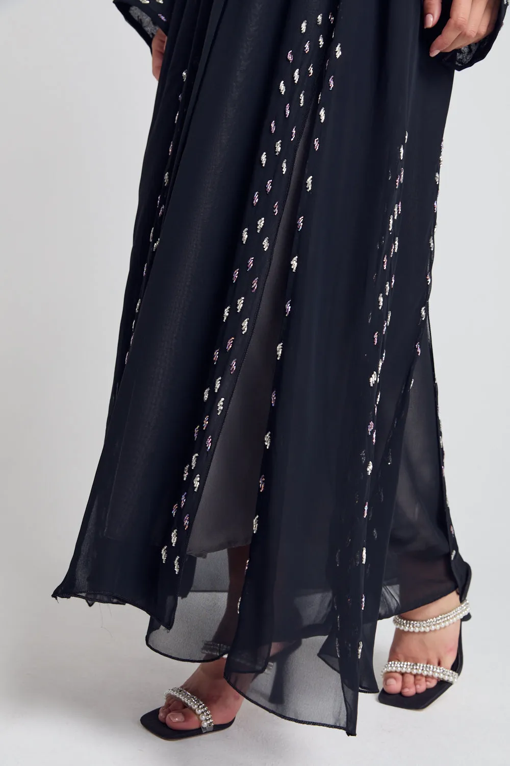 Chiffon Open Abaya with Dainty Embellished Panels - Black