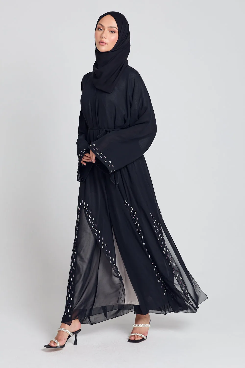 Chiffon Open Abaya with Dainty Embellished Panels - Black