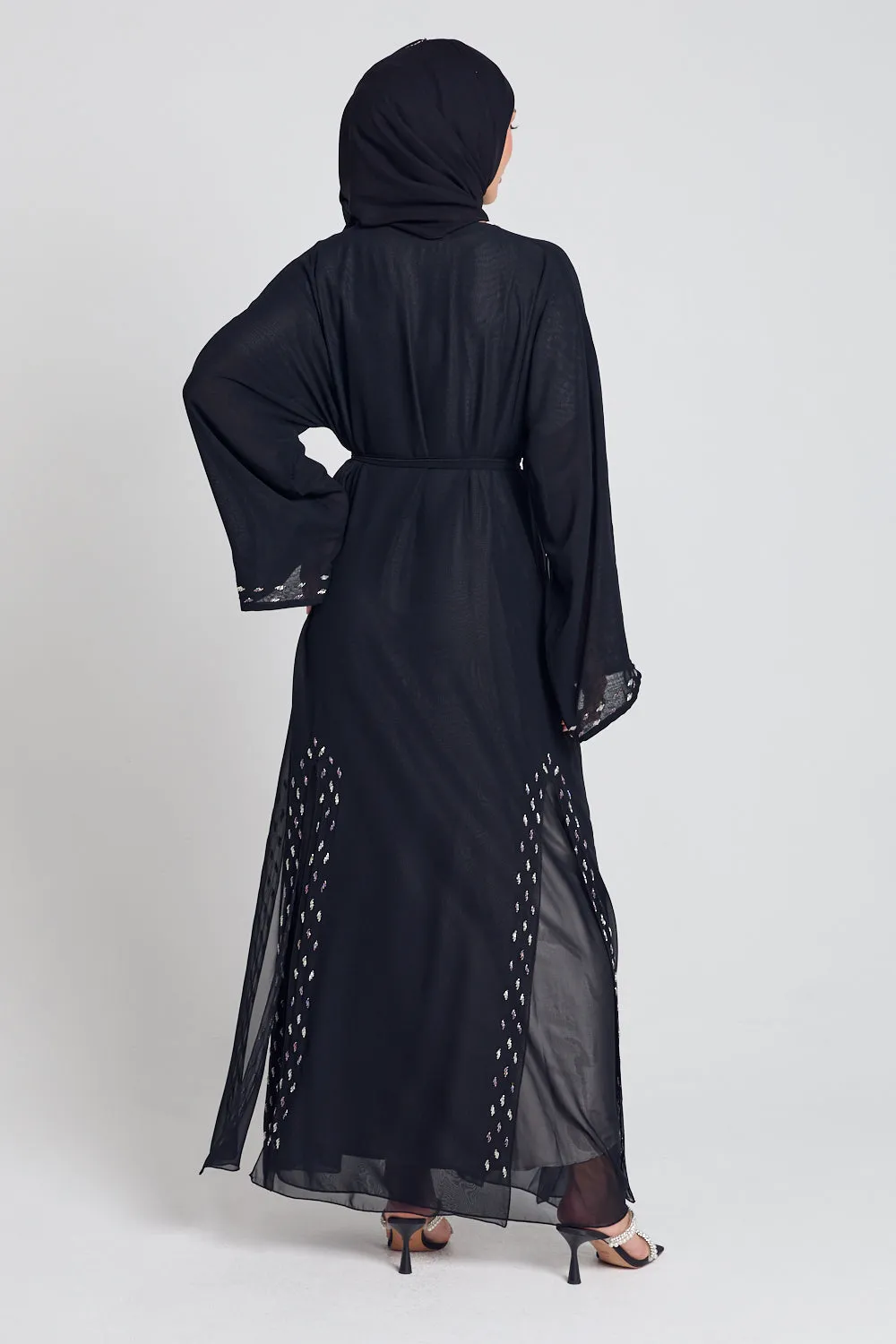 Chiffon Open Abaya with Dainty Embellished Panels - Black