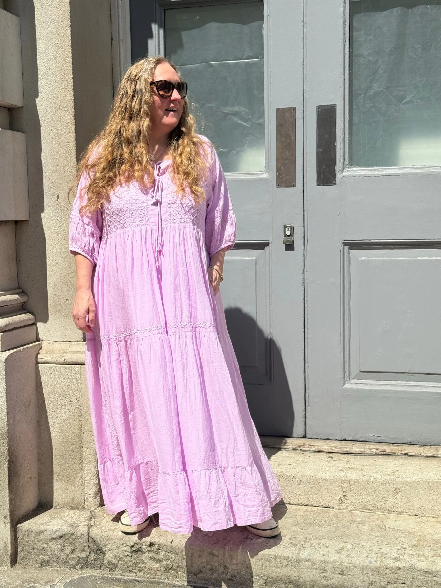 Chikankari-embroidered maxi dress in pink lavender