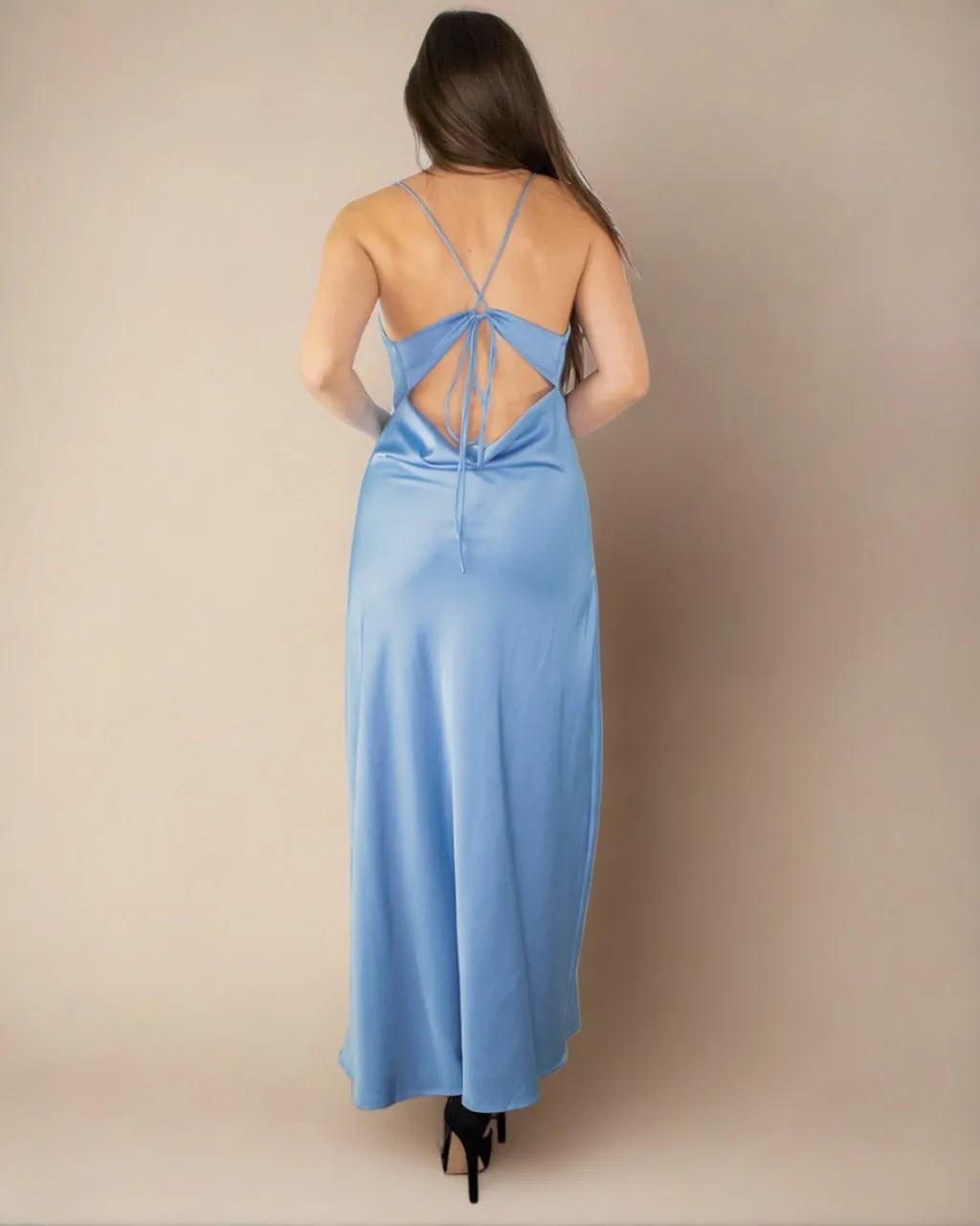 Davina Blue Satin Cowl Neck Dress - Long Satin Slip Dress