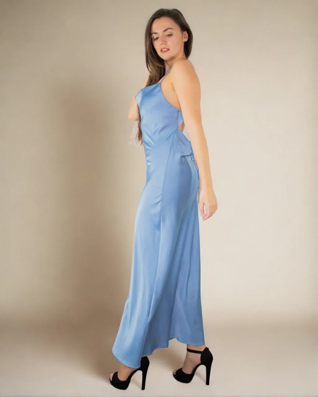 Davina Blue Satin Cowl Neck Dress - Long Satin Slip Dress