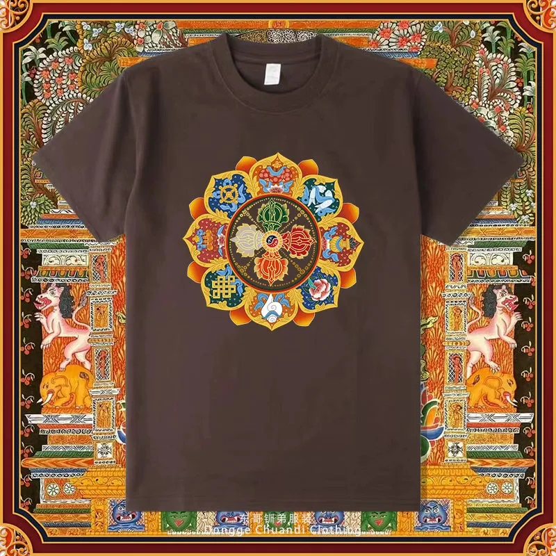 Diamond Pestle Babao New Printed Pure Cotton Mantra Wheel T-shirt Top, Buddhist Men's and Women's High-end Clothing