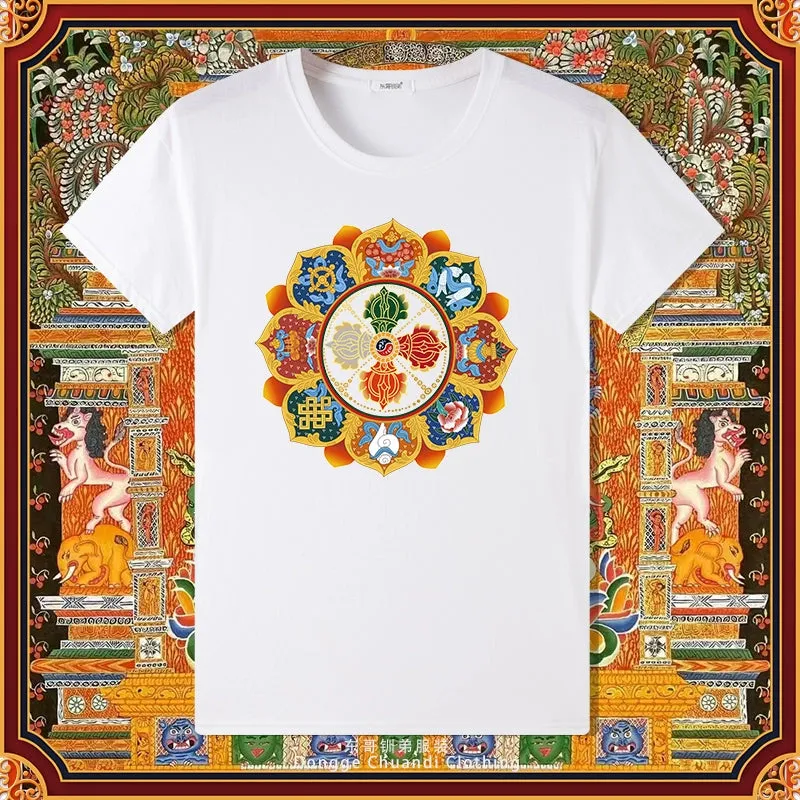 Diamond Pestle Babao New Printed Pure Cotton Mantra Wheel T-shirt Top, Buddhist Men's and Women's High-end Clothing