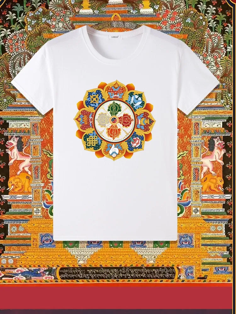 Diamond Pestle Babao New Printed Pure Cotton Mantra Wheel T-shirt Top, Buddhist Men's and Women's High-end Clothing