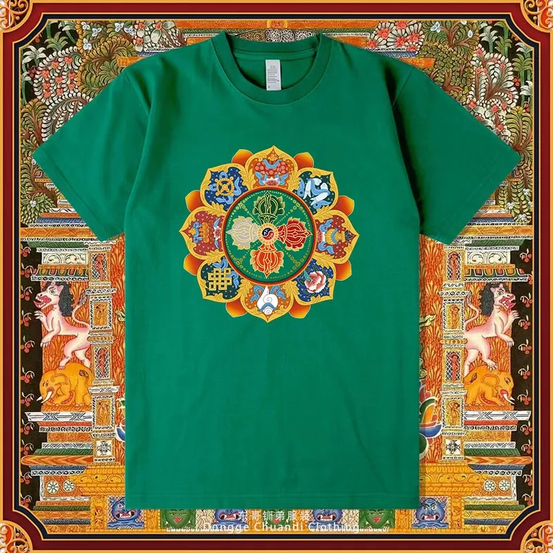 Diamond Pestle Babao New Printed Pure Cotton Mantra Wheel T-shirt Top, Buddhist Men's and Women's High-end Clothing