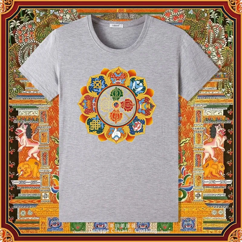 Diamond Pestle Babao New Printed Pure Cotton Mantra Wheel T-shirt Top, Buddhist Men's and Women's High-end Clothing