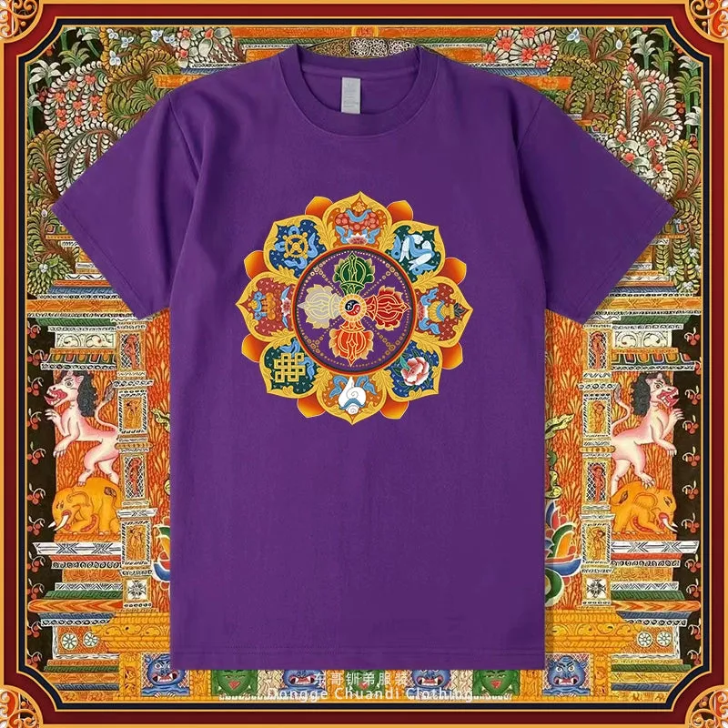 Diamond Pestle Babao New Printed Pure Cotton Mantra Wheel T-shirt Top, Buddhist Men's and Women's High-end Clothing