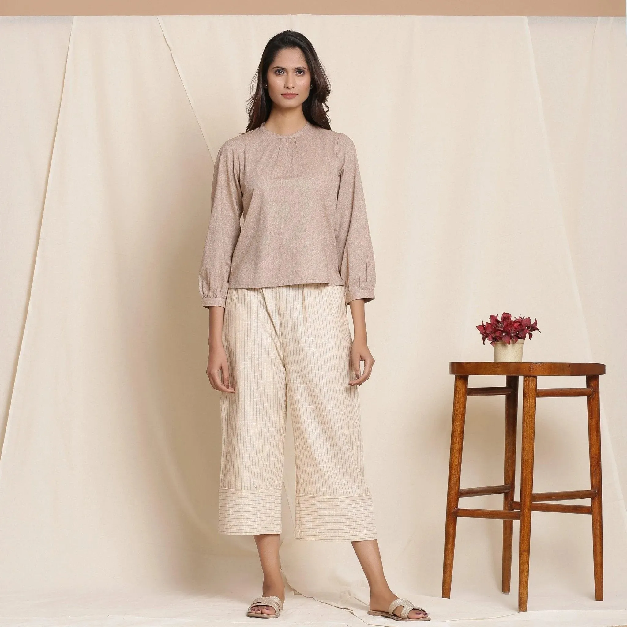 Dusk Brown Yarn Dyed Cotton Gathered High-Low Top