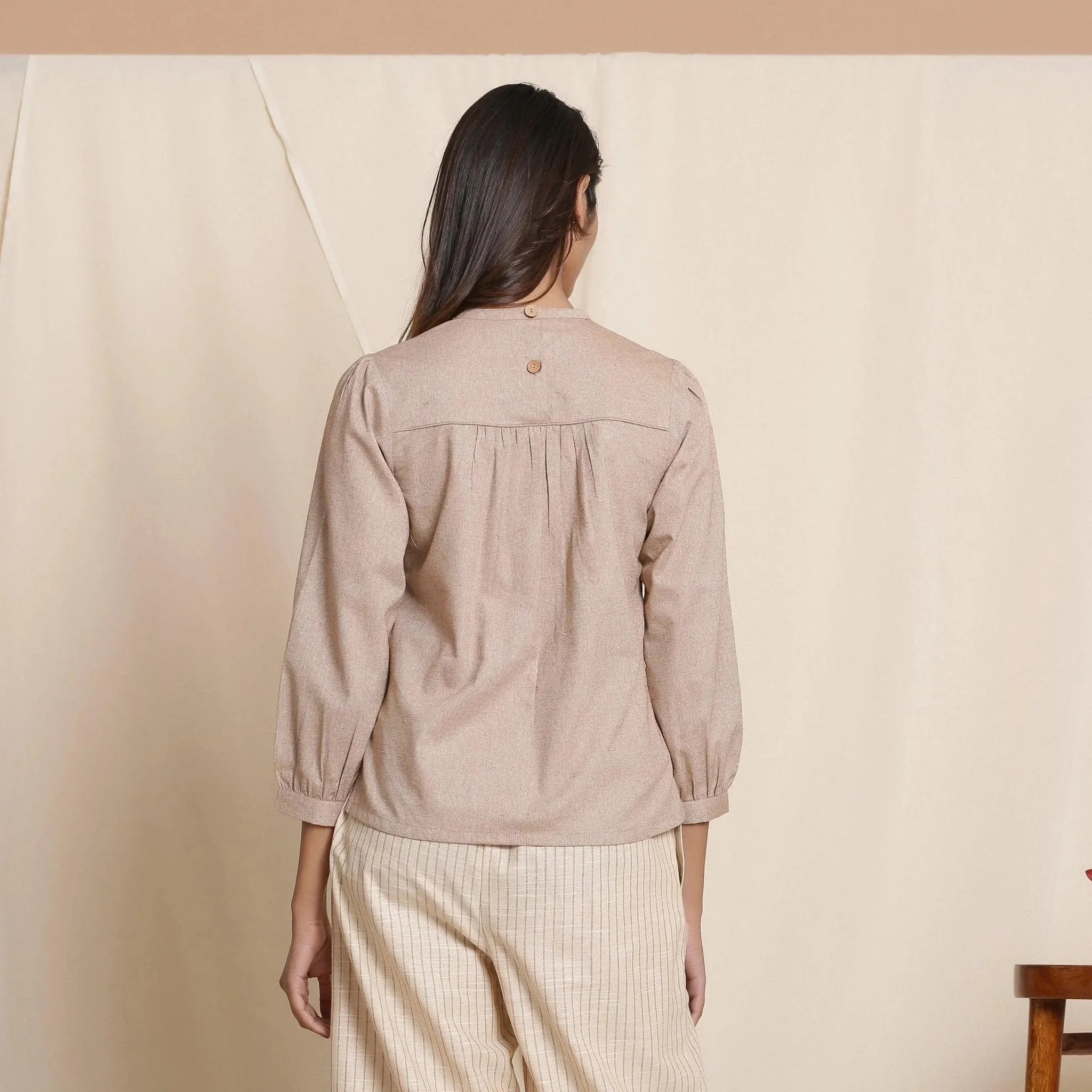 Dusk Brown Yarn Dyed Cotton Gathered High-Low Top