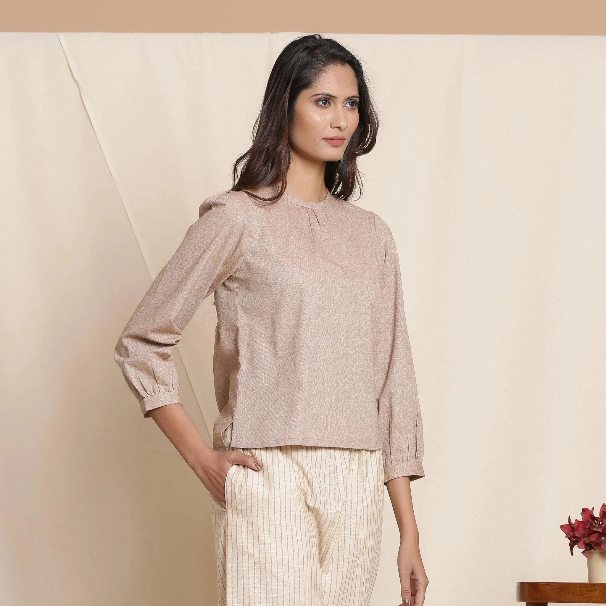 Dusk Brown Yarn Dyed Cotton Gathered High-Low Top