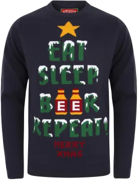 Eat Sleep Beer Repeat Motif Novelty Christmas Jumper in Eclipse Blue - Merry Christmas