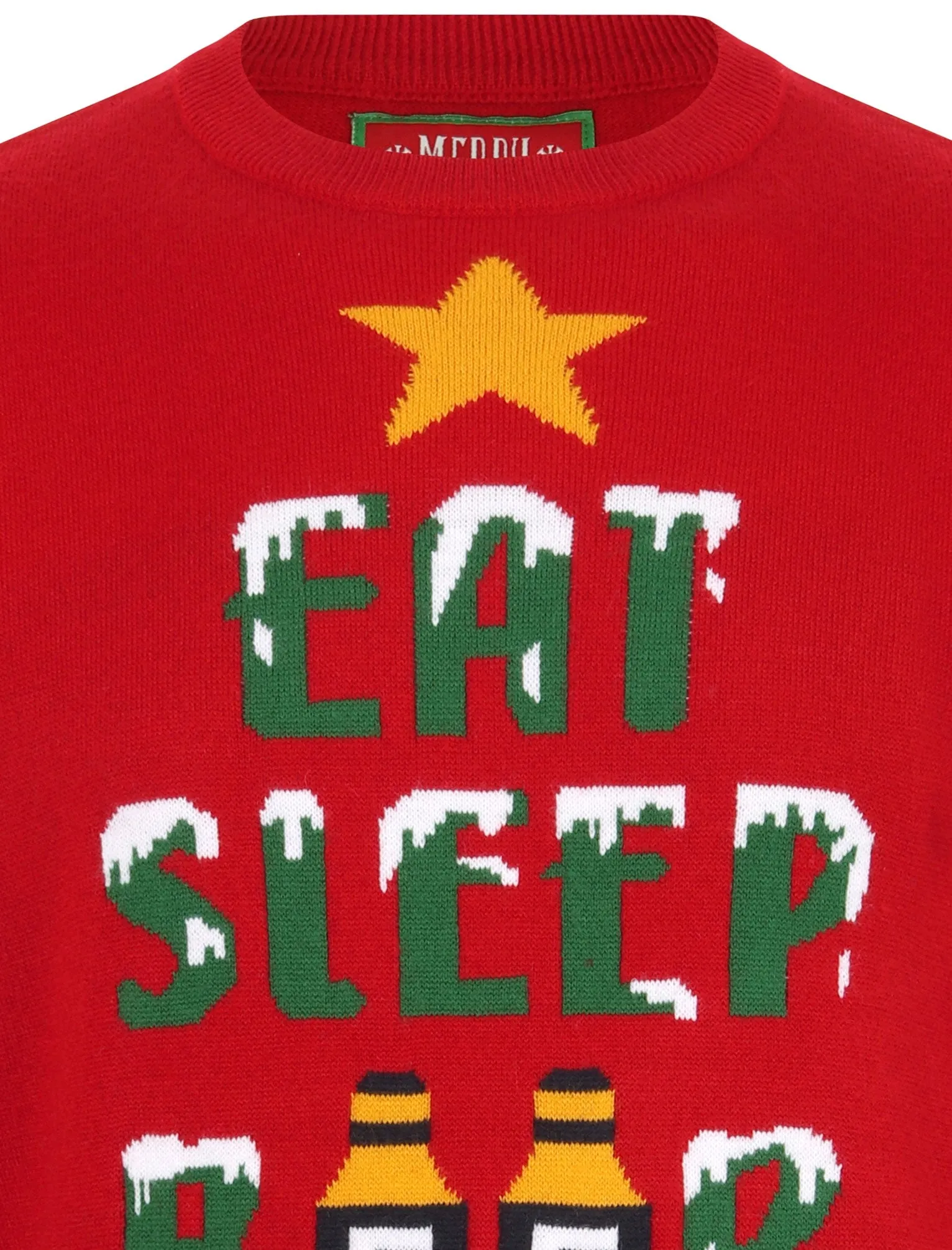 Eat Sleep Beer Repeat Motif Novelty Christmas Jumper in George Red - Merry Christmas