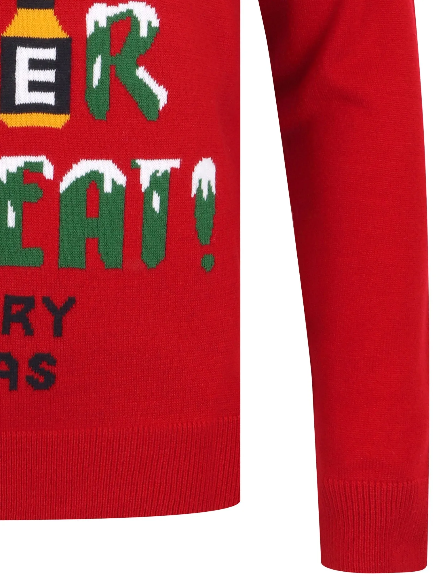 Eat Sleep Beer Repeat Motif Novelty Christmas Jumper in George Red - Merry Christmas