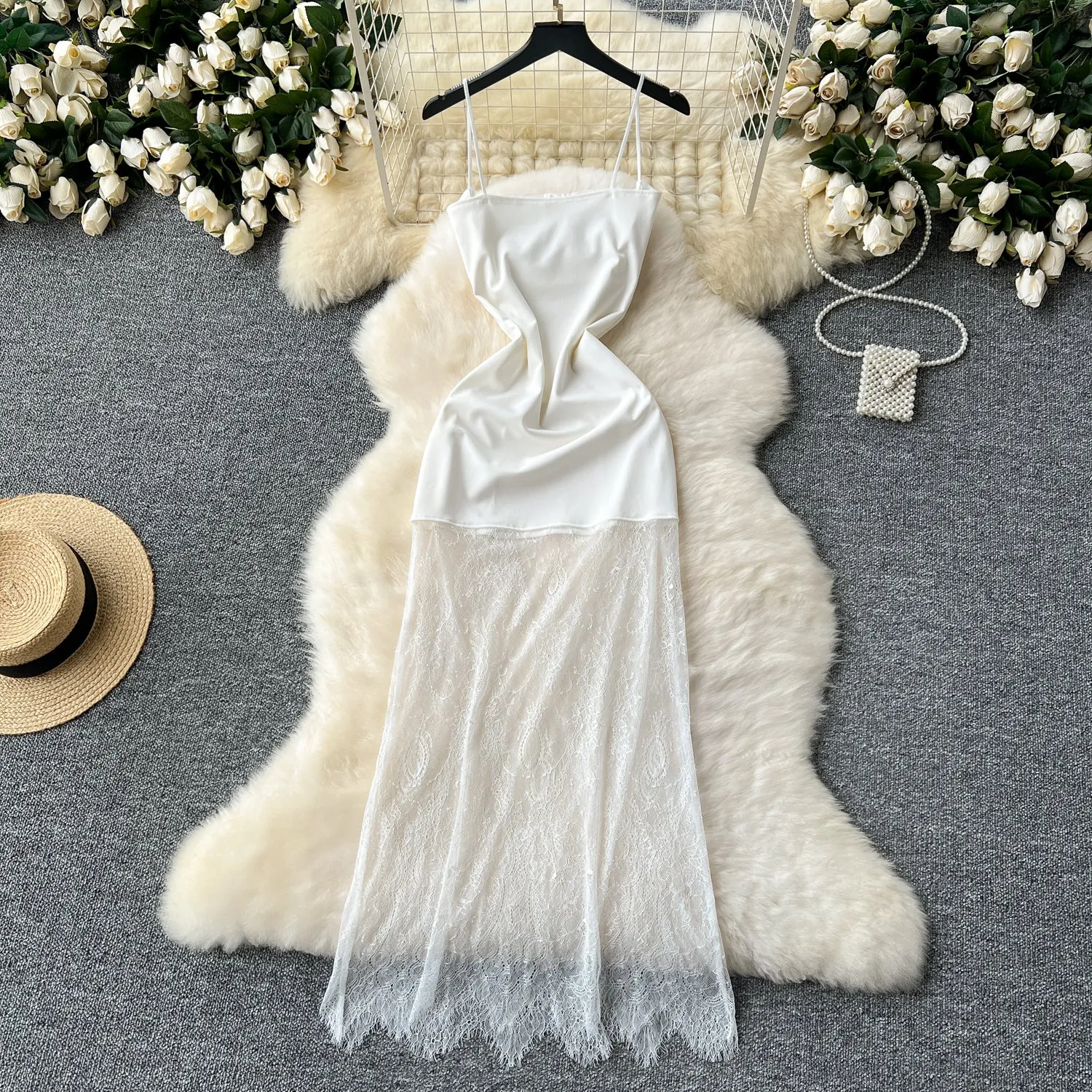 Elegant Patchwork White Slip Dress