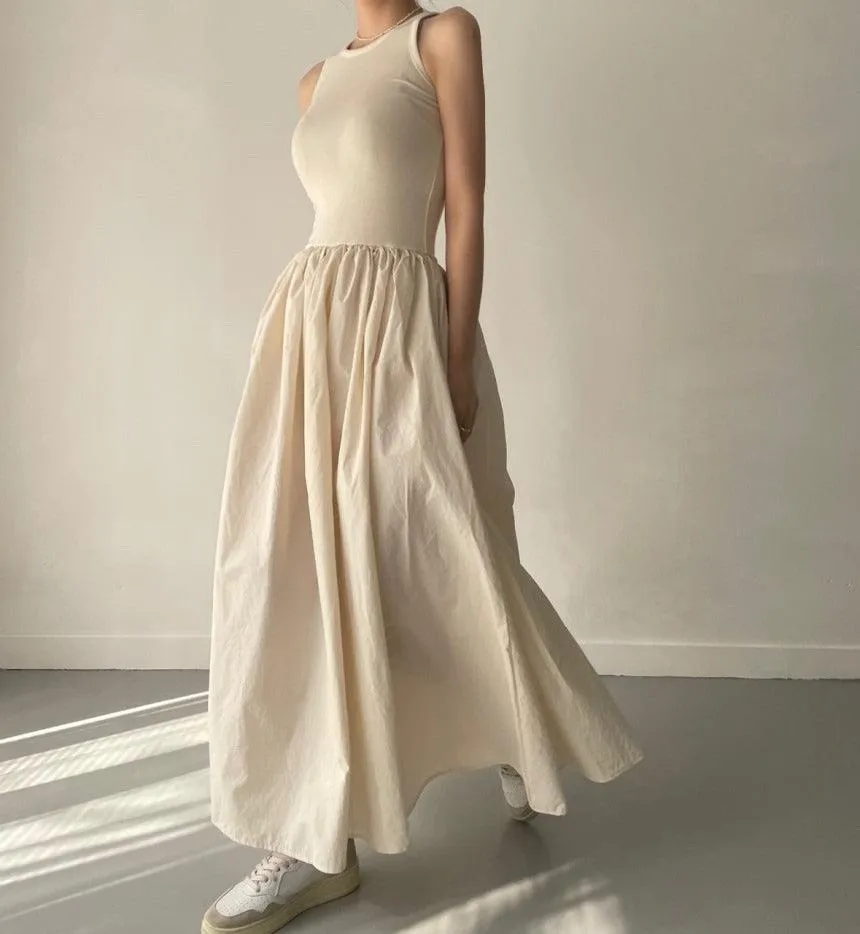 Elegant Round Neck Waist Slim Pleated Long Dress