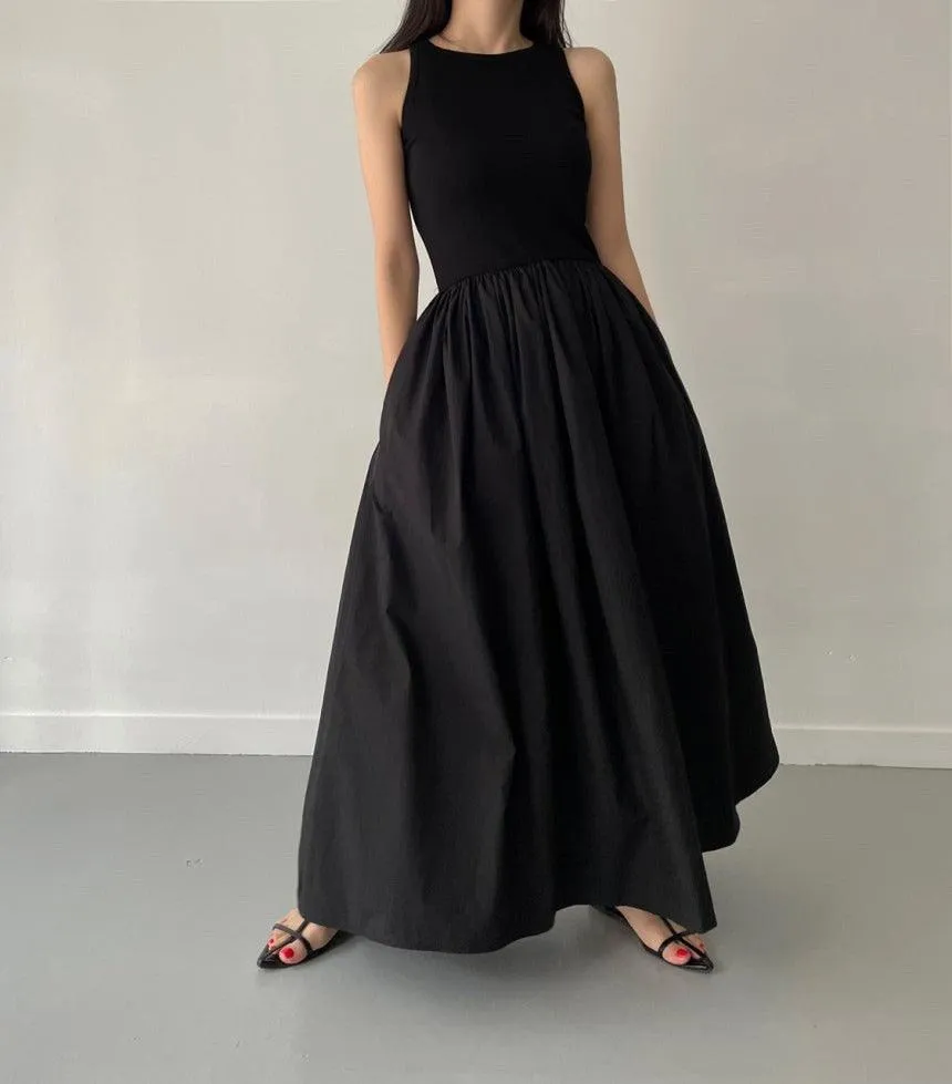 Elegant Round Neck Waist Slim Pleated Long Dress