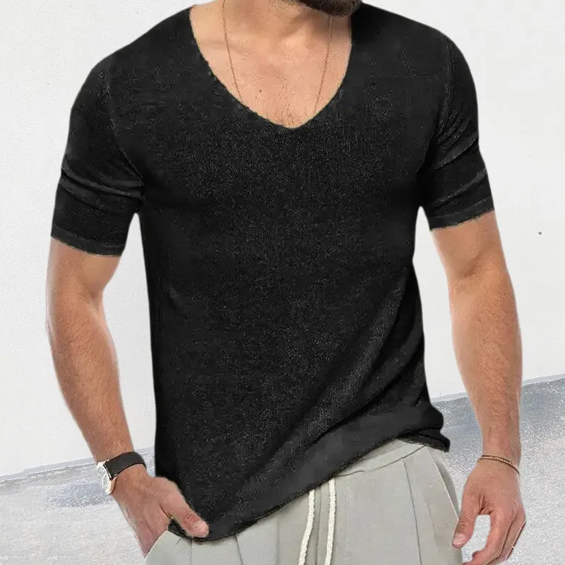 European And American V-neck Short Sleeve Slim-fit Knitted Top