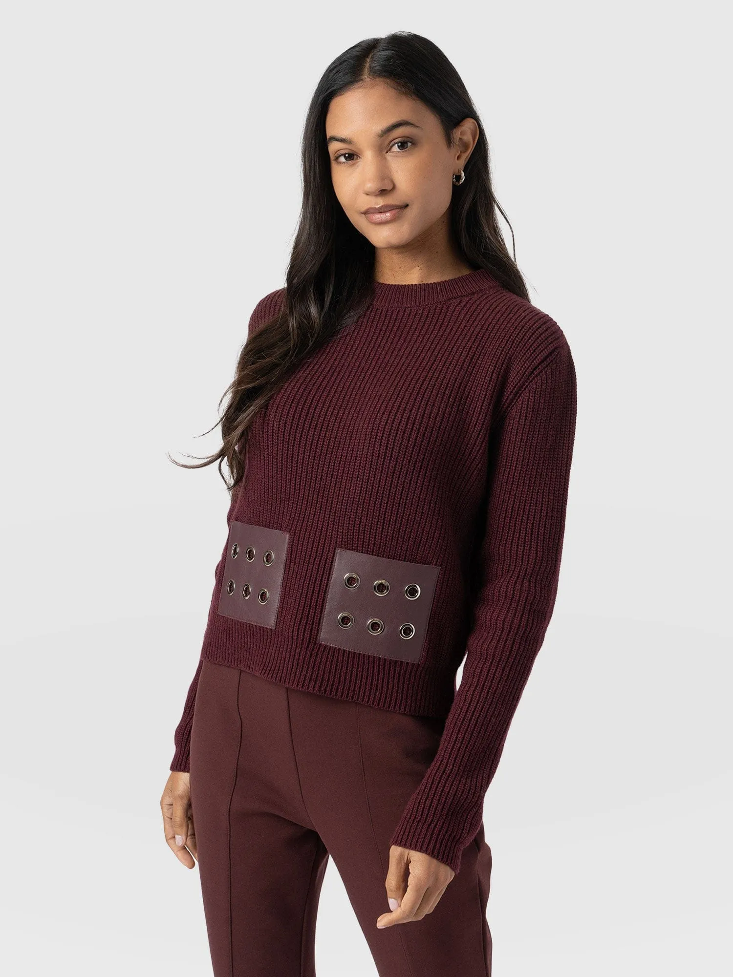 Eyelet Rib Knit Sweater - Maroon