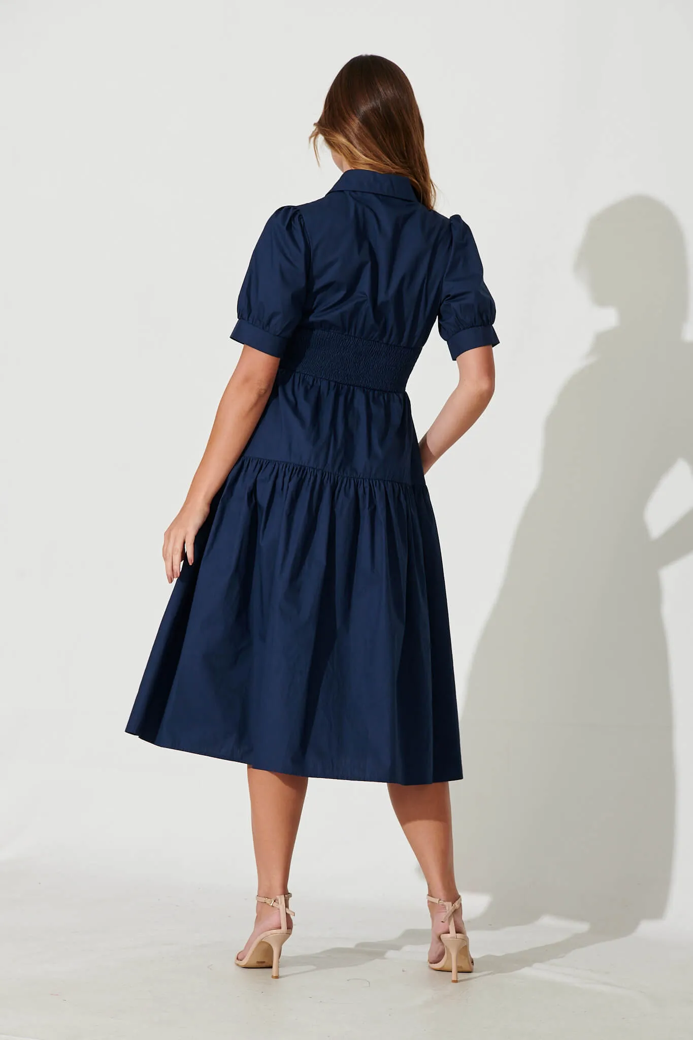 Fairfax Midi Shirt Dress In Navy Cotton