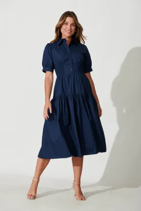 Fairfax Midi Shirt Dress In Navy Cotton