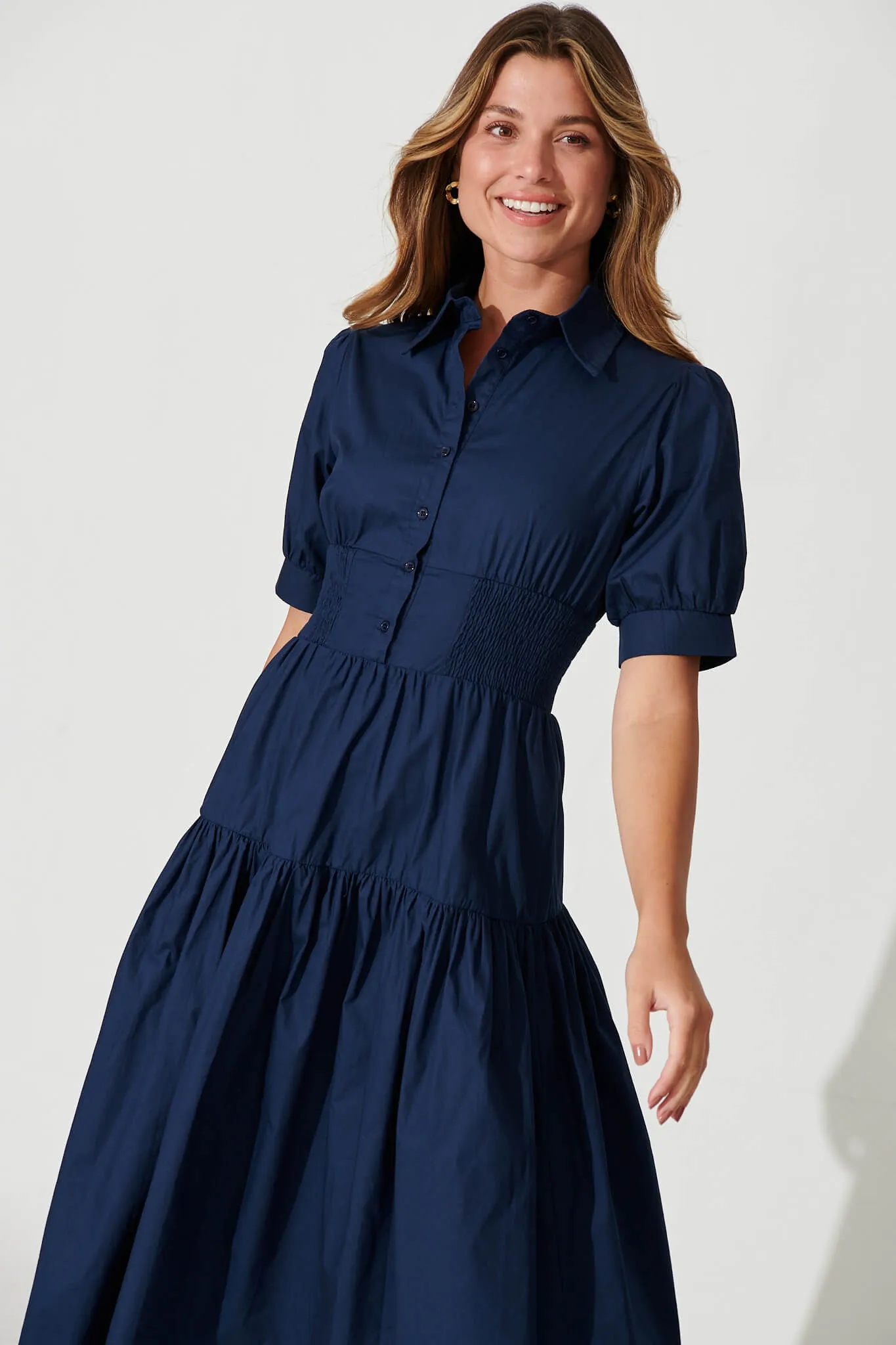 Fairfax Midi Shirt Dress In Navy Cotton