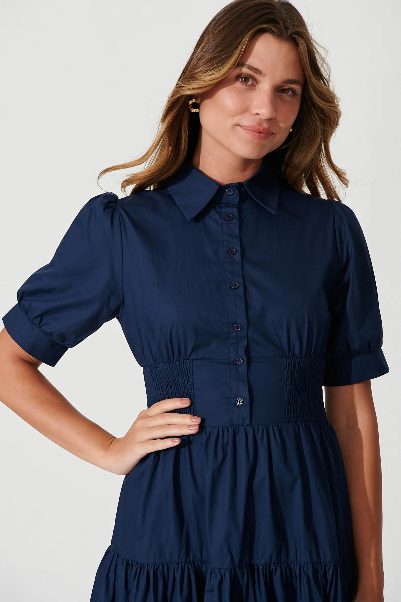 Fairfax Midi Shirt Dress In Navy Cotton