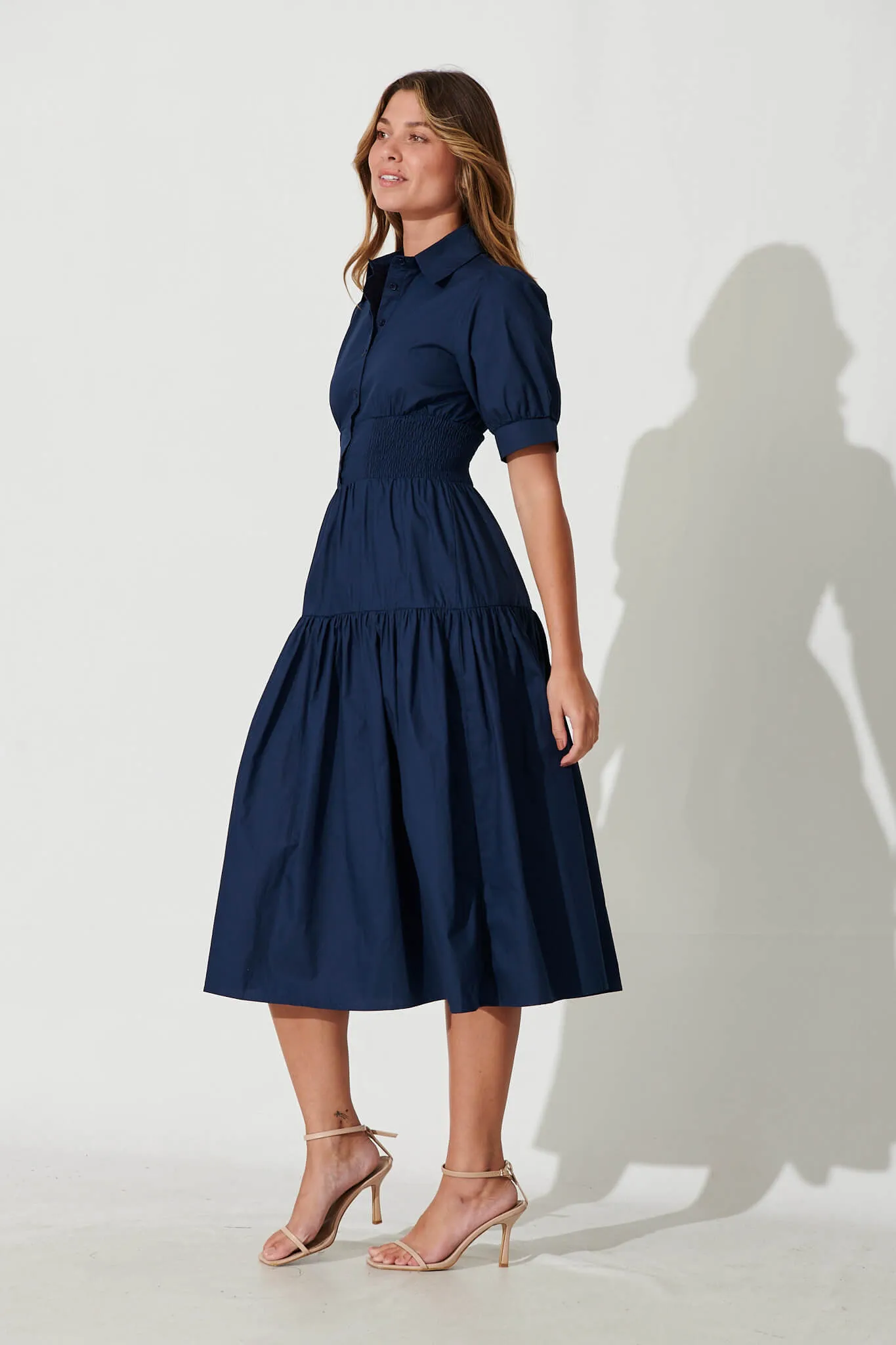 Fairfax Midi Shirt Dress In Navy Cotton