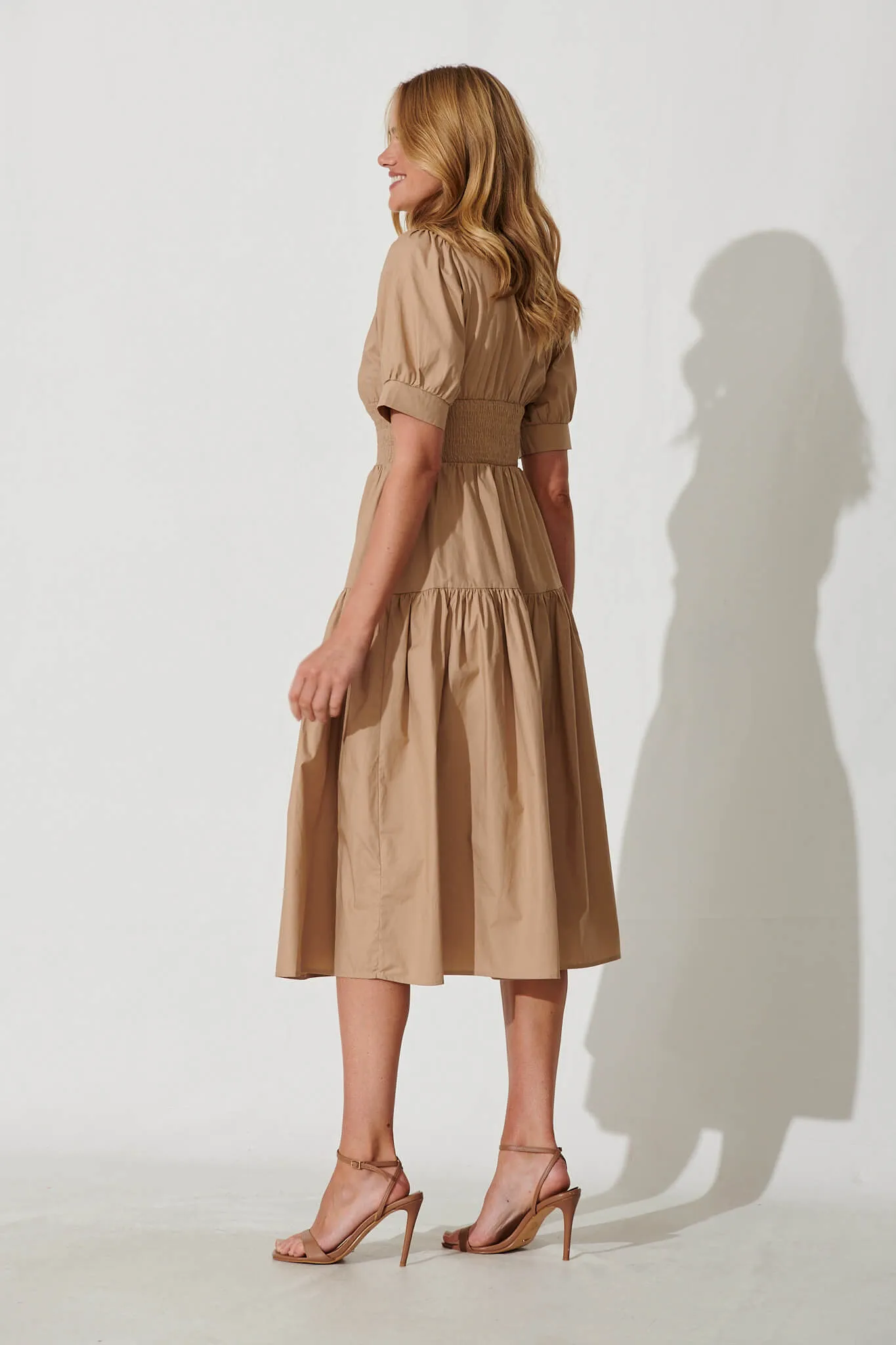 Fairfax Midi Shirt Dress In Taupe Cotton