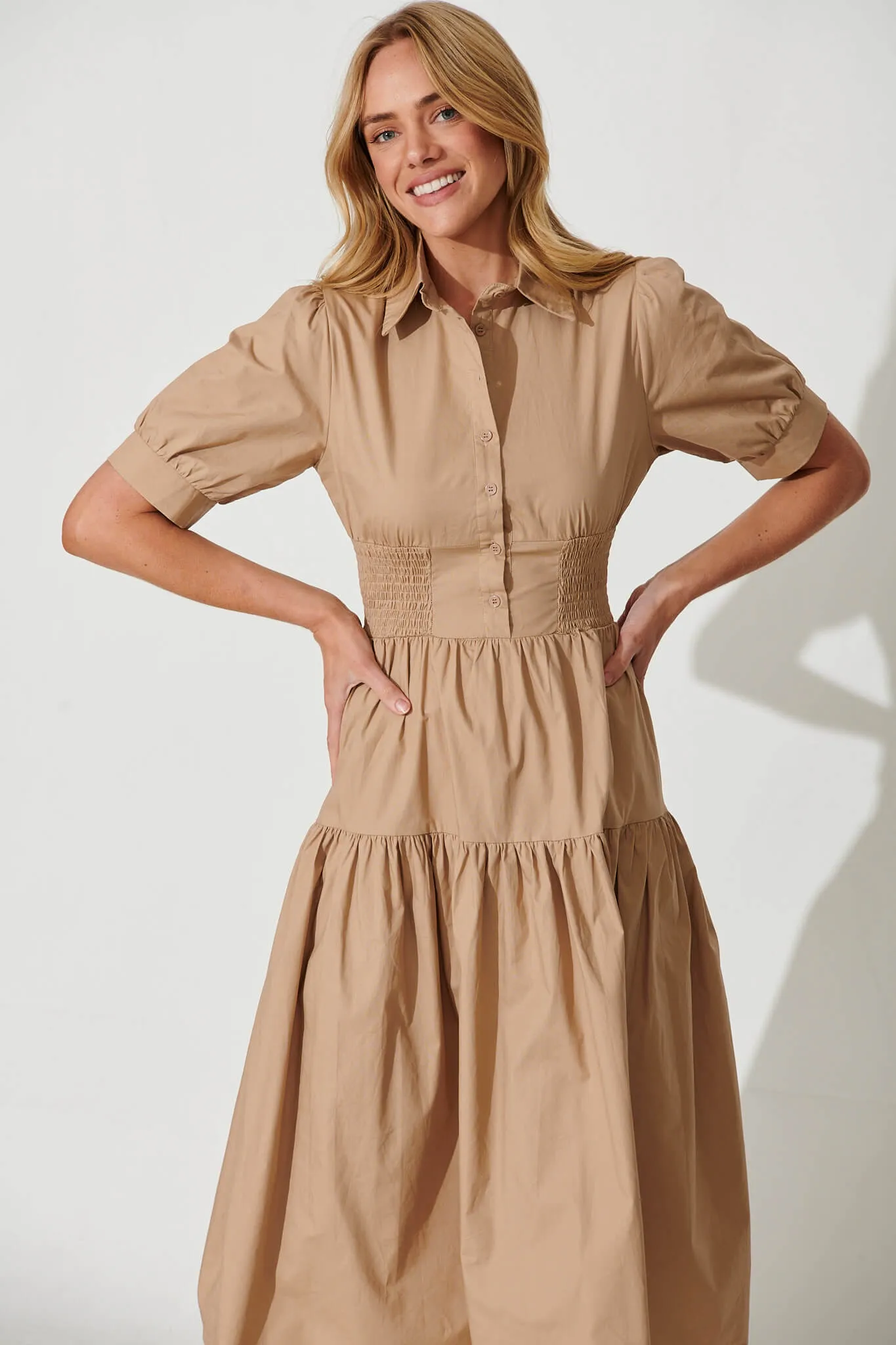 Fairfax Midi Shirt Dress In Taupe Cotton