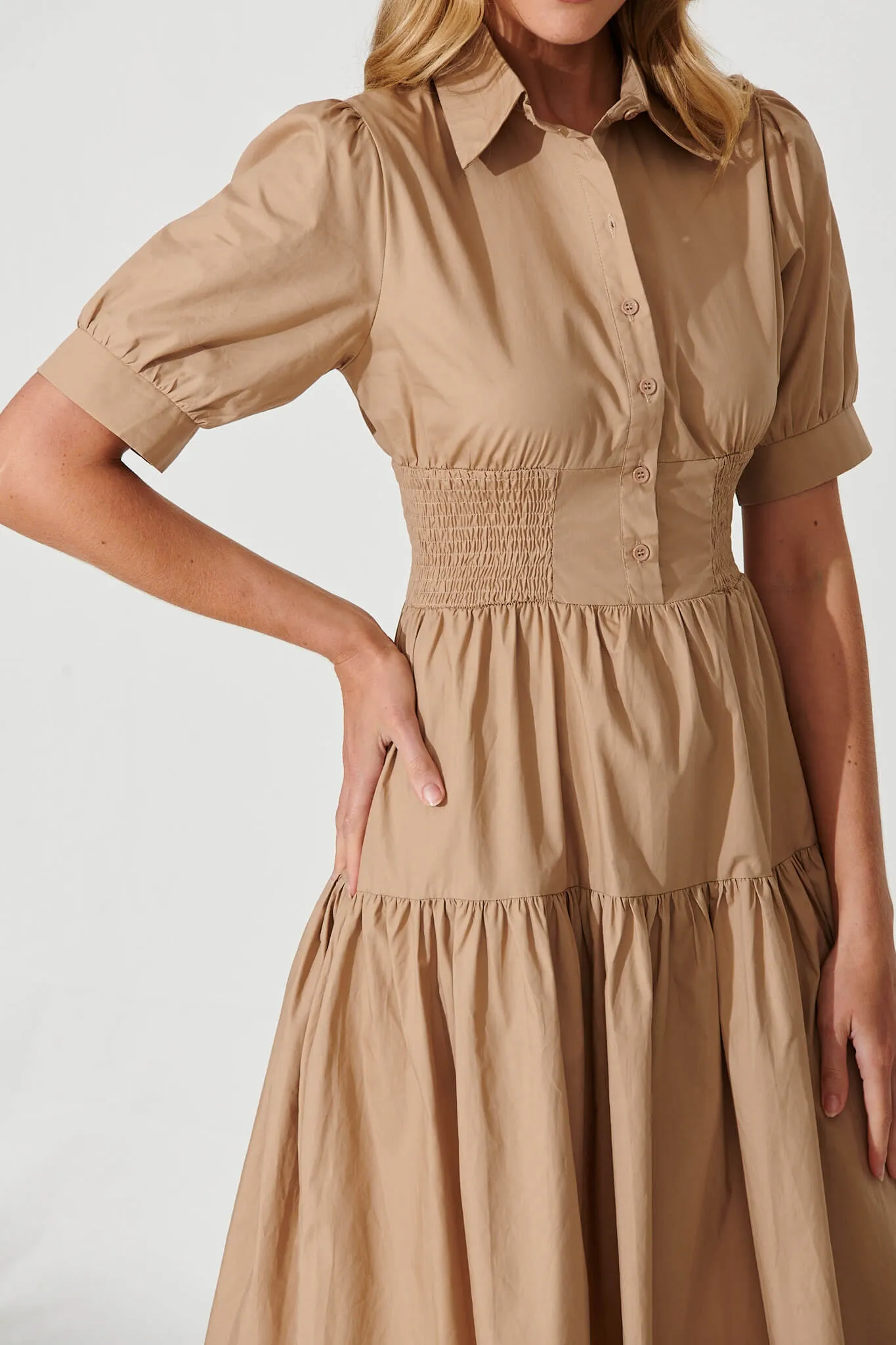 Fairfax Midi Shirt Dress In Taupe Cotton