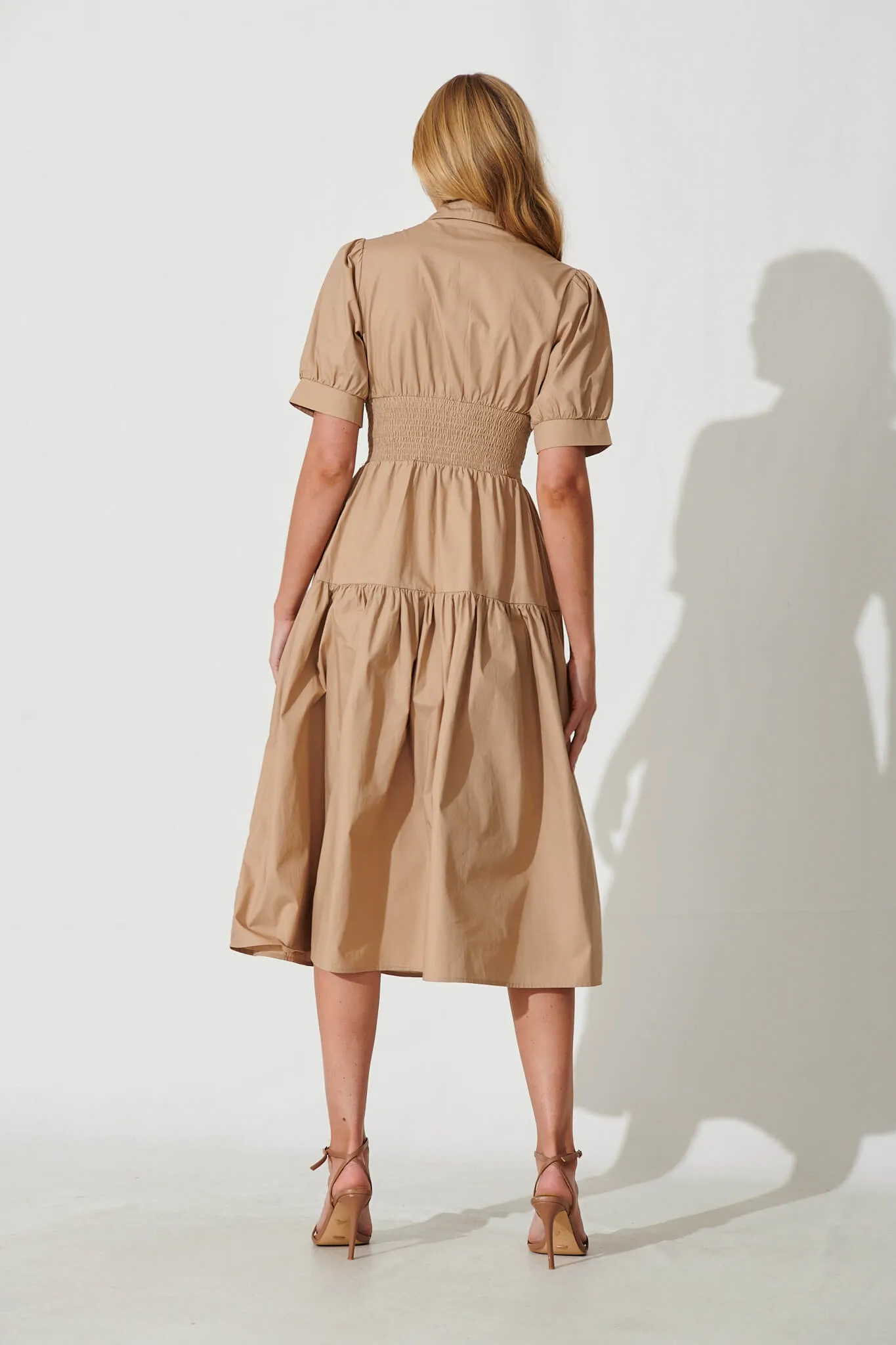 Fairfax Midi Shirt Dress In Taupe Cotton