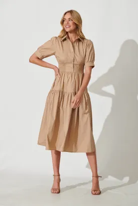 Fairfax Midi Shirt Dress In Taupe Cotton