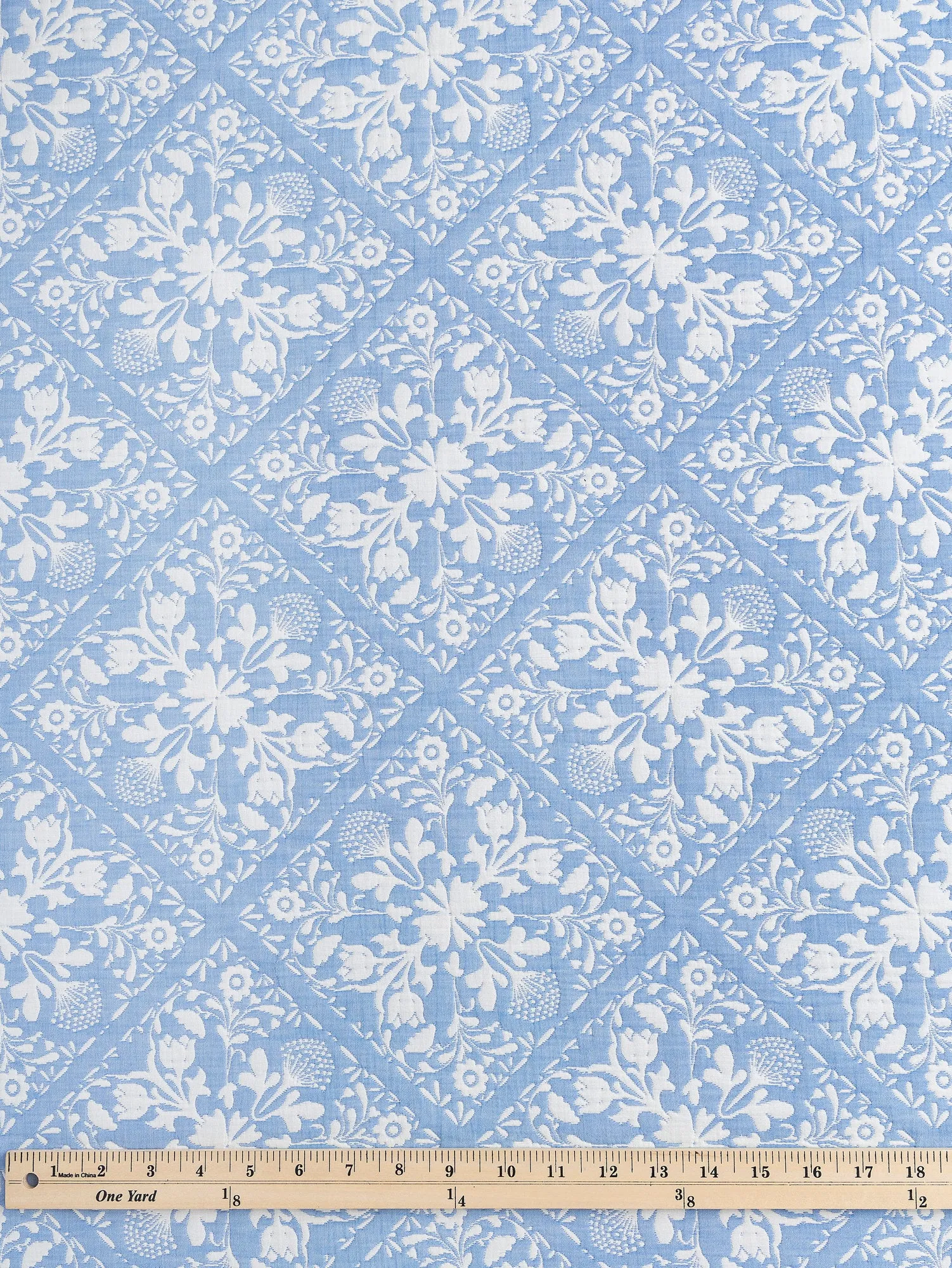 Floral Tile Quilted Jacquard with Batting - Cornflower   Cream