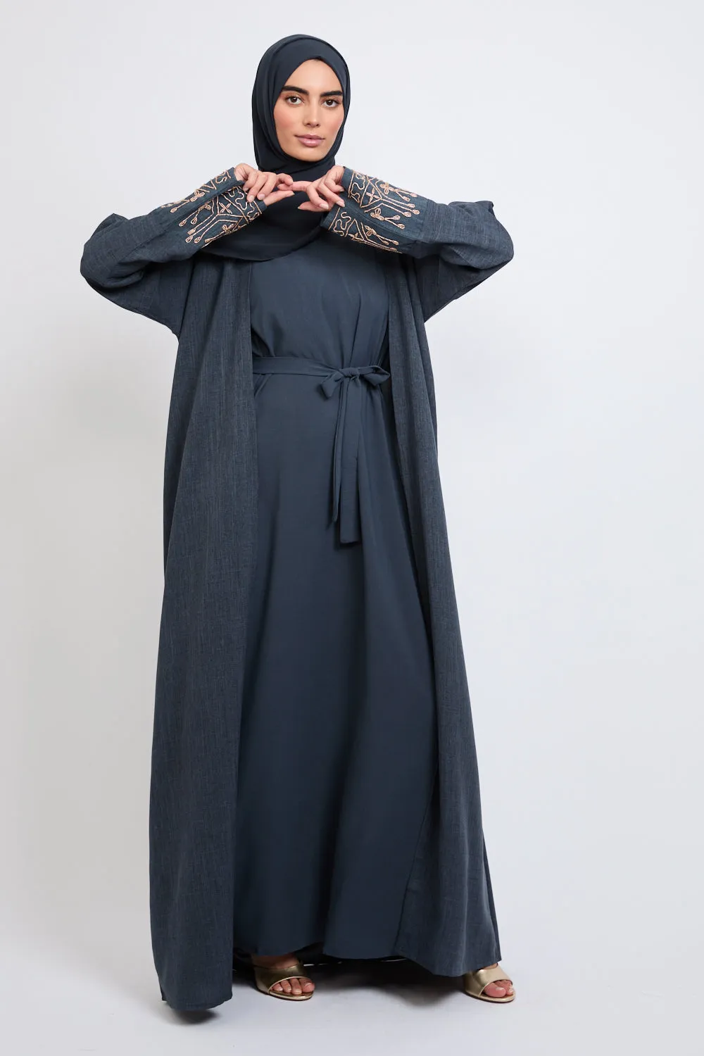 Four Piece Golden Embellished Cuff Open Abaya Set - Navy