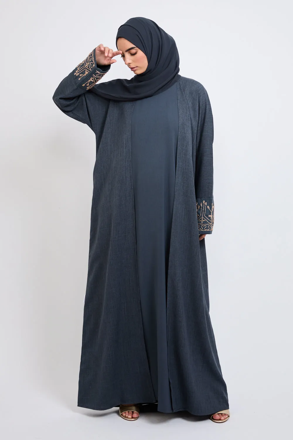 Four Piece Golden Embellished Cuff Open Abaya Set - Navy