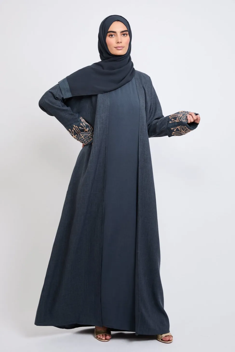 Four Piece Golden Embellished Cuff Open Abaya Set - Navy