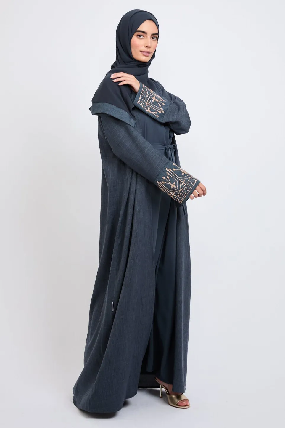 Four Piece Golden Embellished Cuff Open Abaya Set - Navy