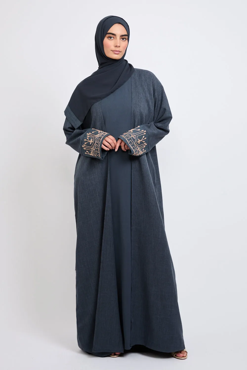 Four Piece Golden Embellished Cuff Open Abaya Set - Navy