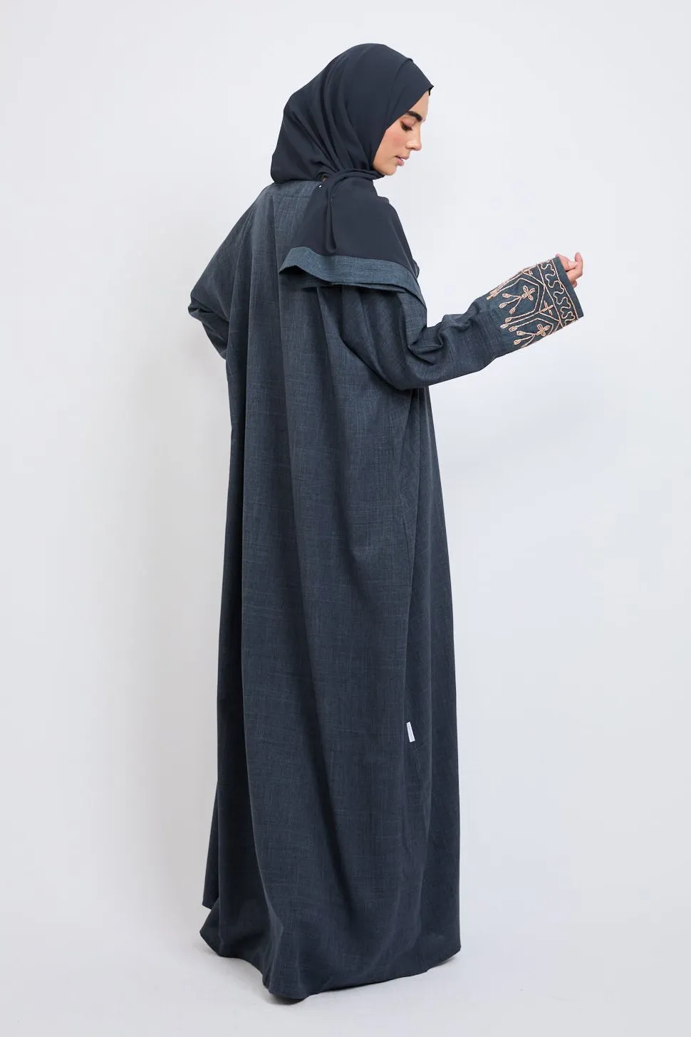 Four Piece Golden Embellished Cuff Open Abaya Set - Navy