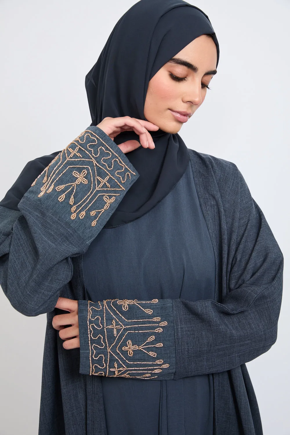 Four Piece Golden Embellished Cuff Open Abaya Set - Navy